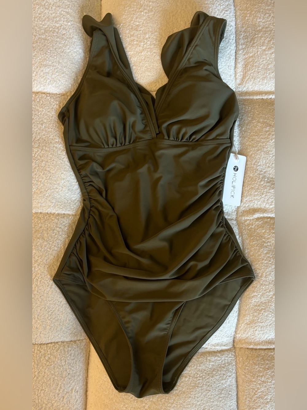 Holipick Olive Green Ruched V Neck One Piece Swimsuit NWT Size S Bathing Suit
